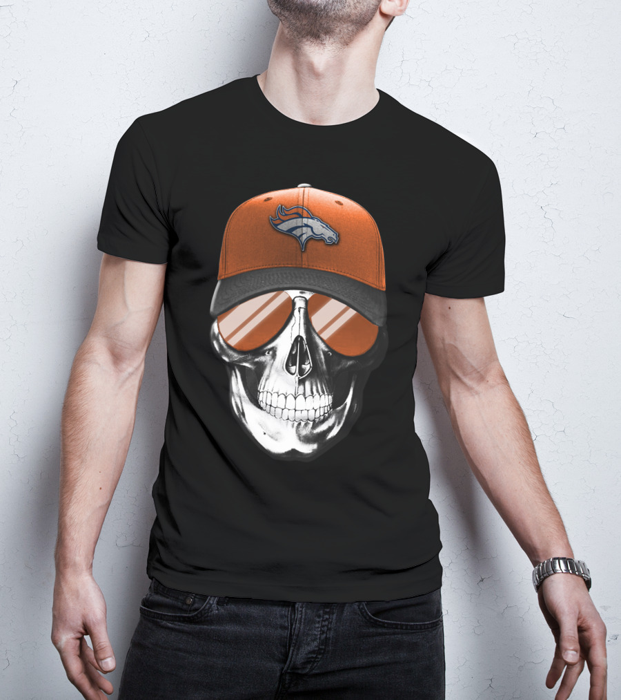 Skull Wearing Denver Broncos Hat And Sunglasses T-Shirt