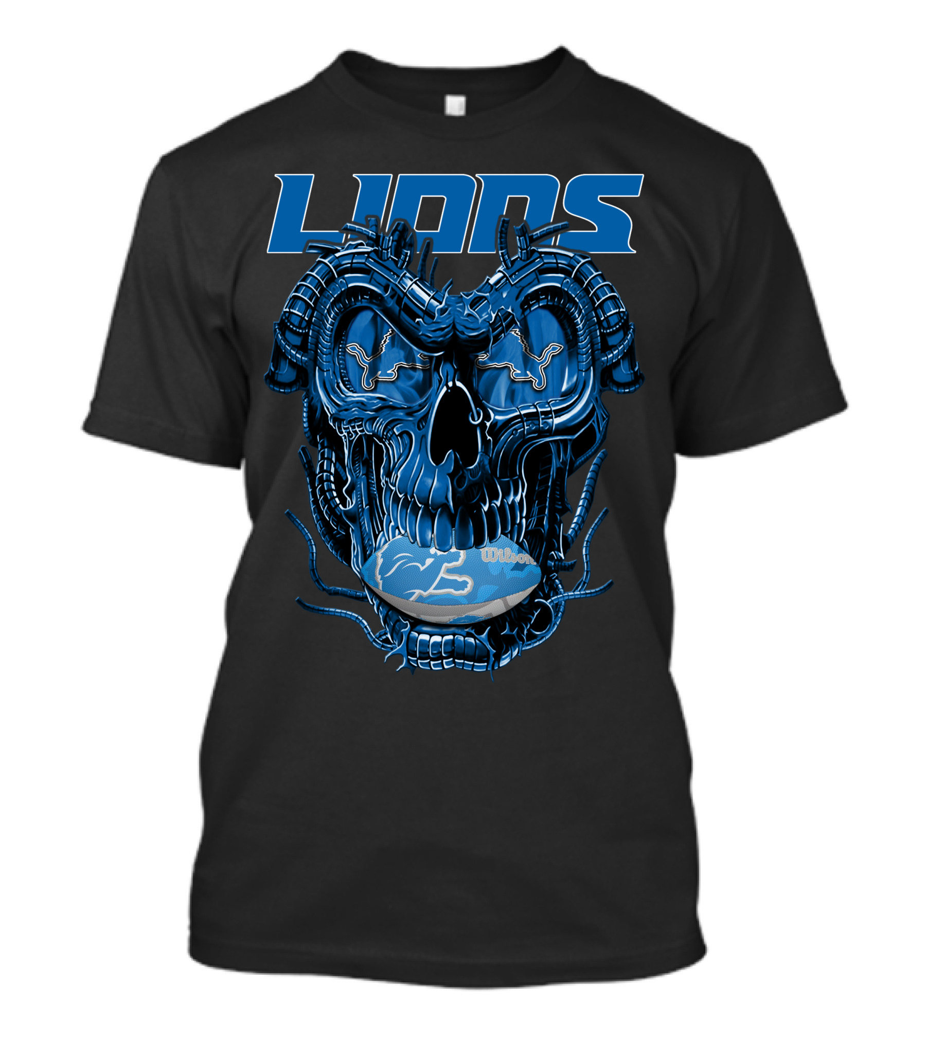 Dragonskull Lions With Detroit Football Helmet And Wilson Blue Embellishments T-Shirt