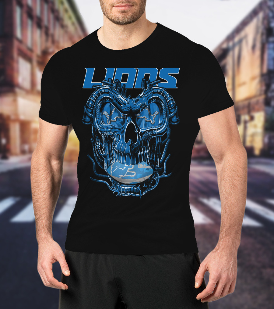 Dragonskull Lions With Detroit Football Helmet And Wilson Blue Embellishments T-Shirt