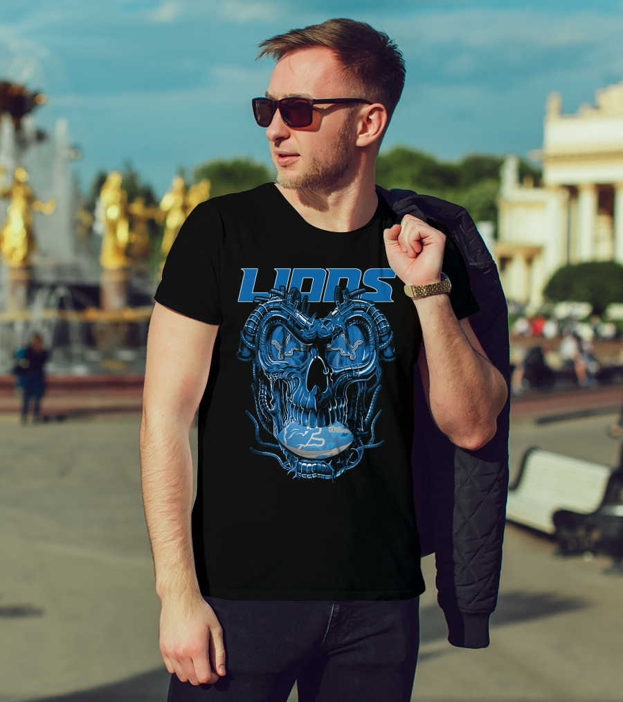 Dragonskull Lions With Detroit Football Helmet And Wilson Blue Embellishments T-Shirt