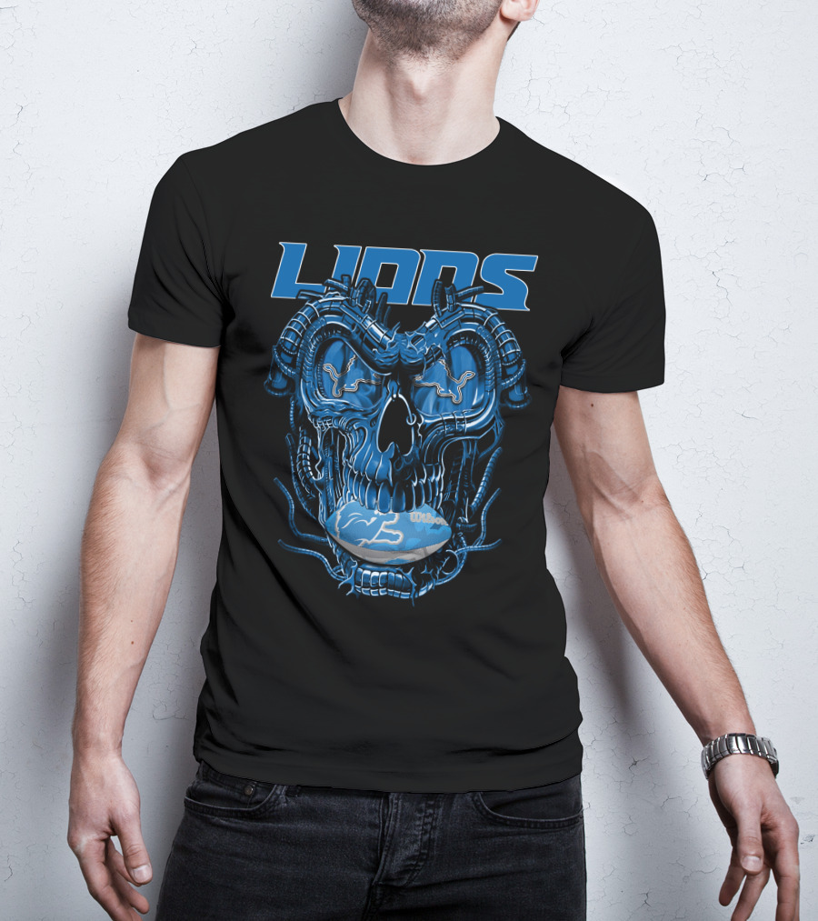 Dragonskull Lions With Detroit Football Helmet And Wilson Blue Embellishments T-Shirt
