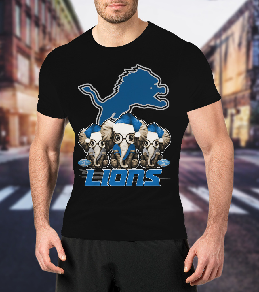 Detroit Lions Christmas Elephants With Santa Hats T-Shirt