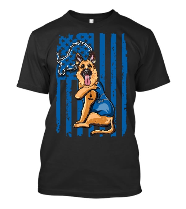 German Shepherd Wearing Detroit Lions Blue With Flag And Lion T-Shirt