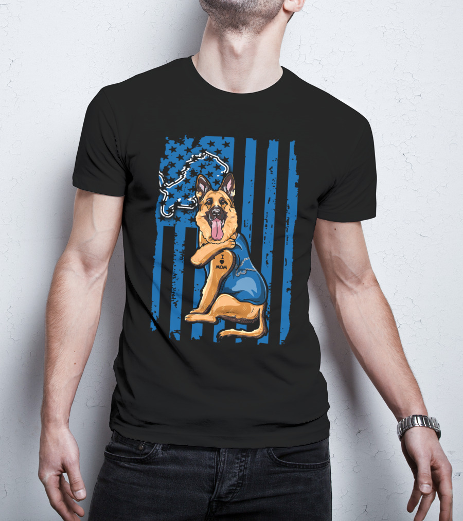 German Shepherd Wearing Detroit Lions Blue With Flag And Lion T-Shirt