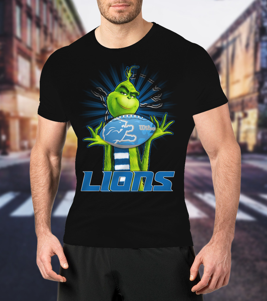 Grinch Holding Detroit Lions Wilson Football T-Shirt