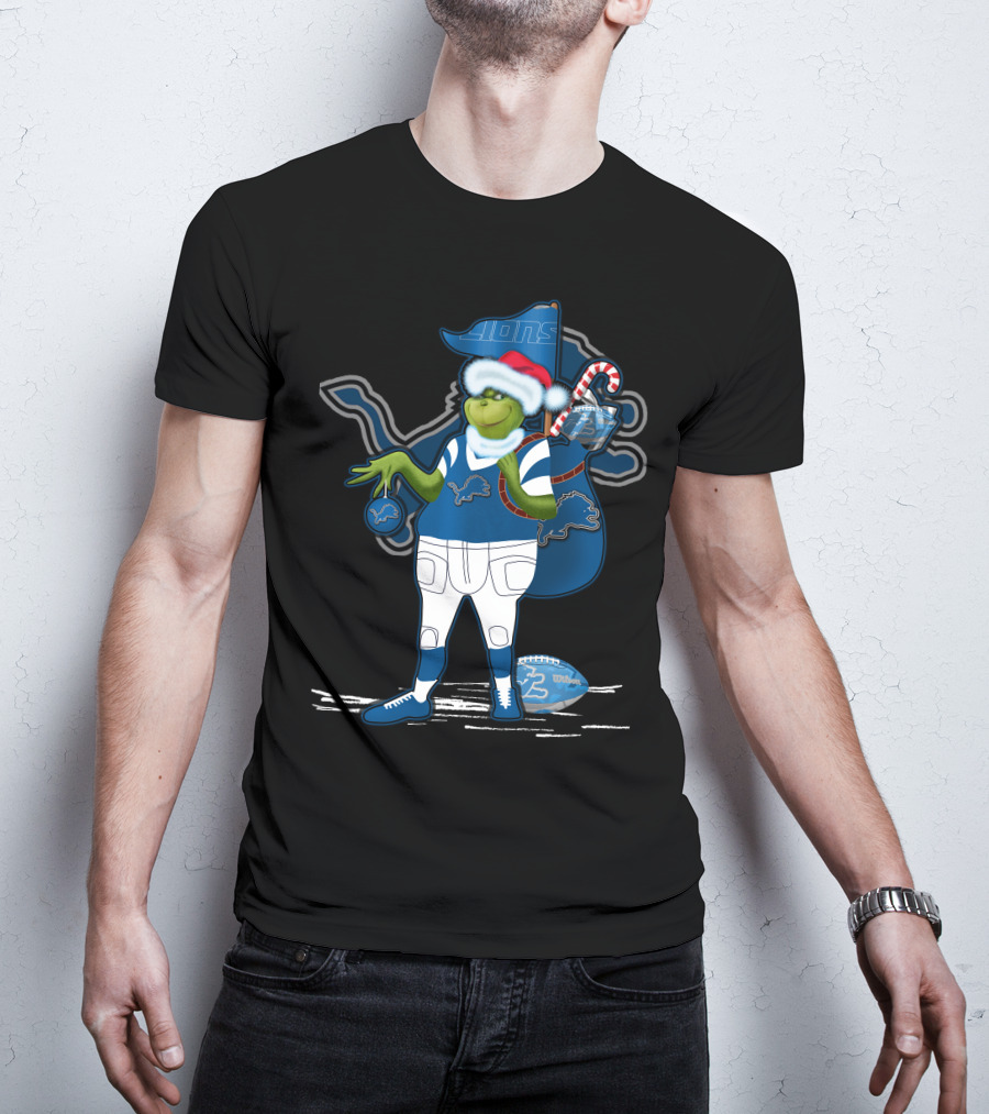 Grinchxmas Detroit Lions Santa Hat Candy Cane Football Sack T-Shirt