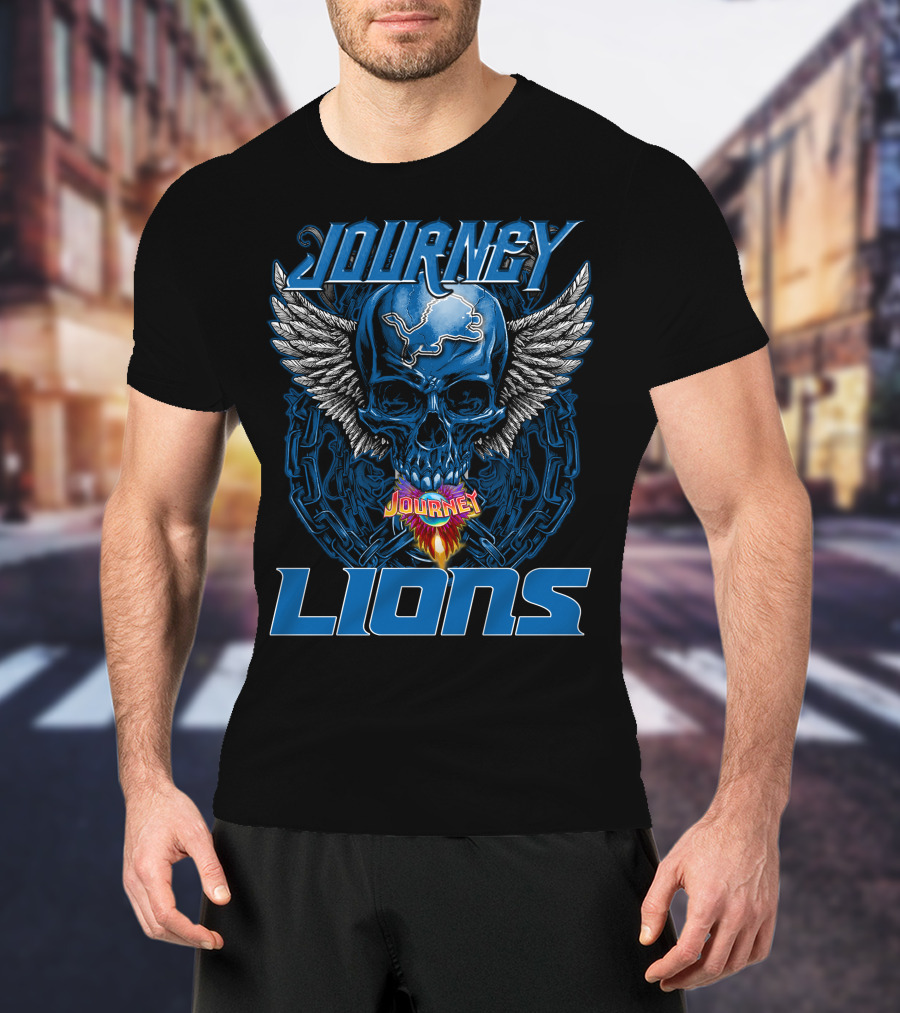 JOURNEY DETROIT LIONS Skull With Wings And Flames T-Shirt