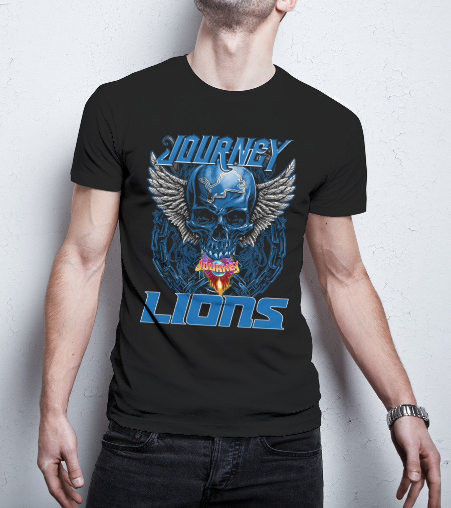 JOURNEY DETROIT LIONS Skull With Wings And Flames T-Shirt