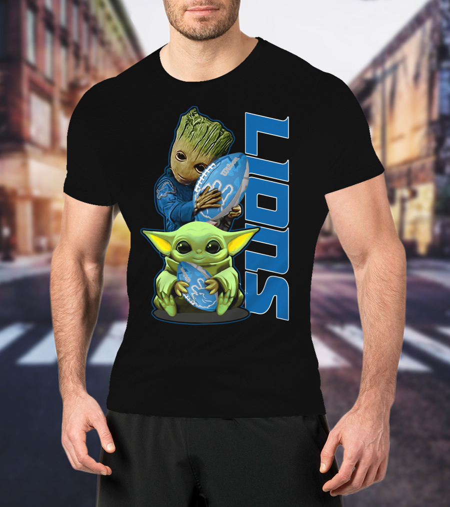 Grzd DETROIT LIONS Baby Groot And Baby Yoda With Football T-Shirt