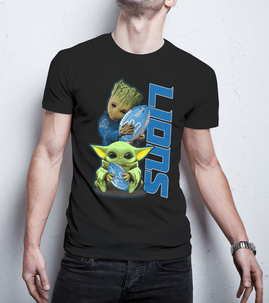 Grzd DETROIT LIONS Baby Groot And Baby Yoda With Football T-Shirt