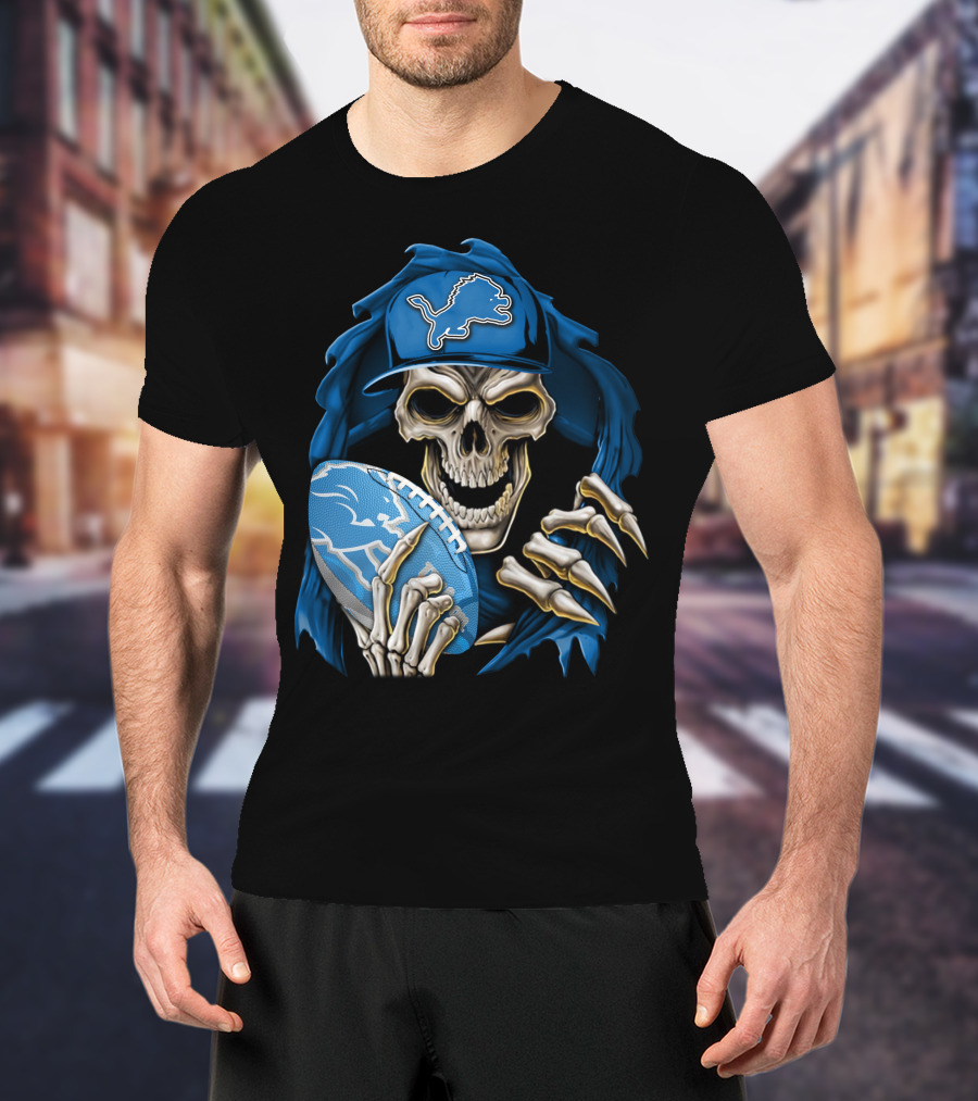 Skullbong Detroit Lions Skeleton With Football And Cap T-Shirt