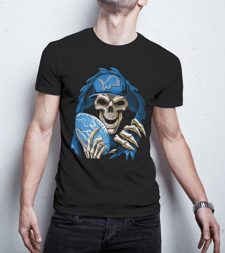 Skullbong Detroit Lions Skeleton With Football And Cap T-Shirt