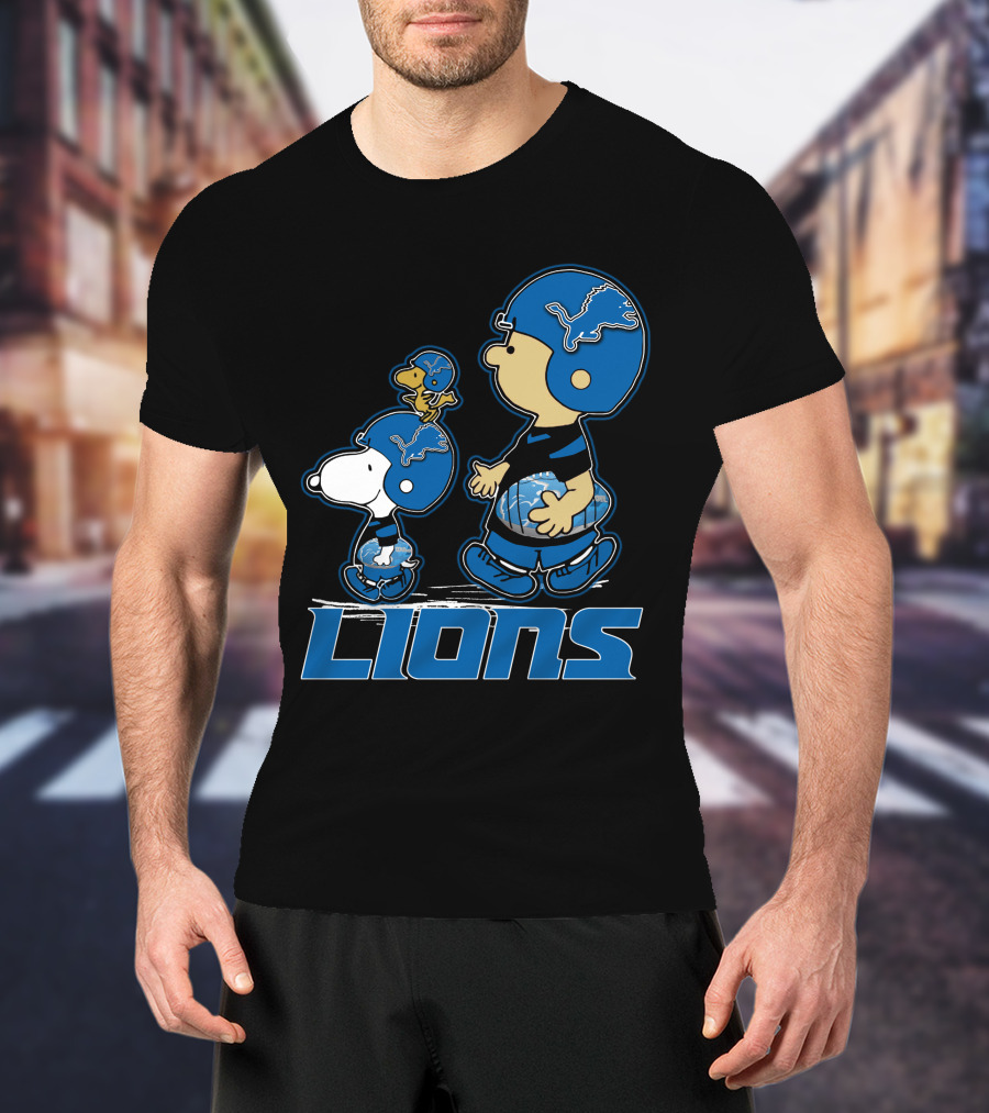 Snpfootball Detroit Lions Peanuts Characters With Lions Helmets T-Shirt