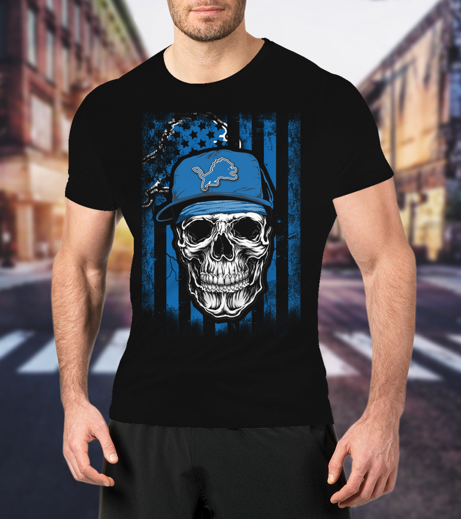 Skull Detroit Lions Blue Cap USA Flag Background T-Shirt