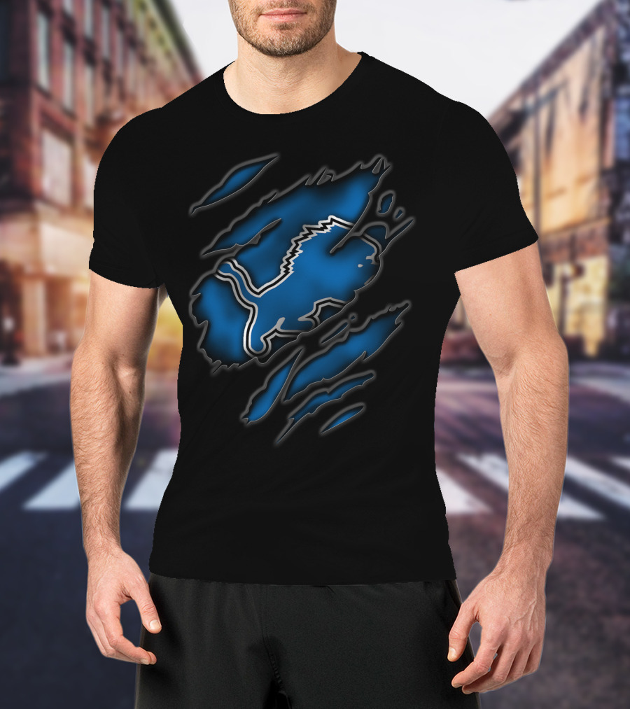 Torn Detroit Lions Blue And Black Rips T-Shirt