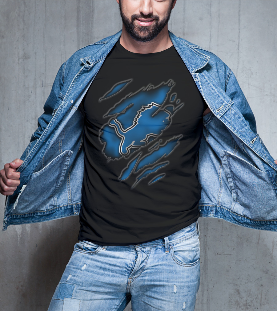 Torn Detroit Lions Blue And Black Rips T-Shirt