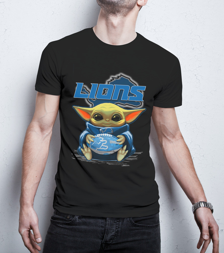 Lions Baby Yoda Holding Detroit Football Wilson T-Shirt