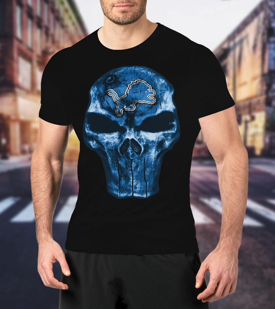 Skull Detroit Lions Blue Grunge T-Shirt