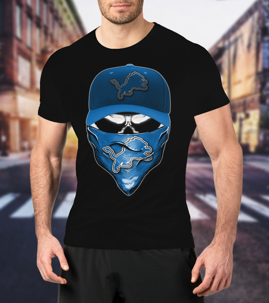 Skull Detroit Lions Hat And Mask T-Shirt