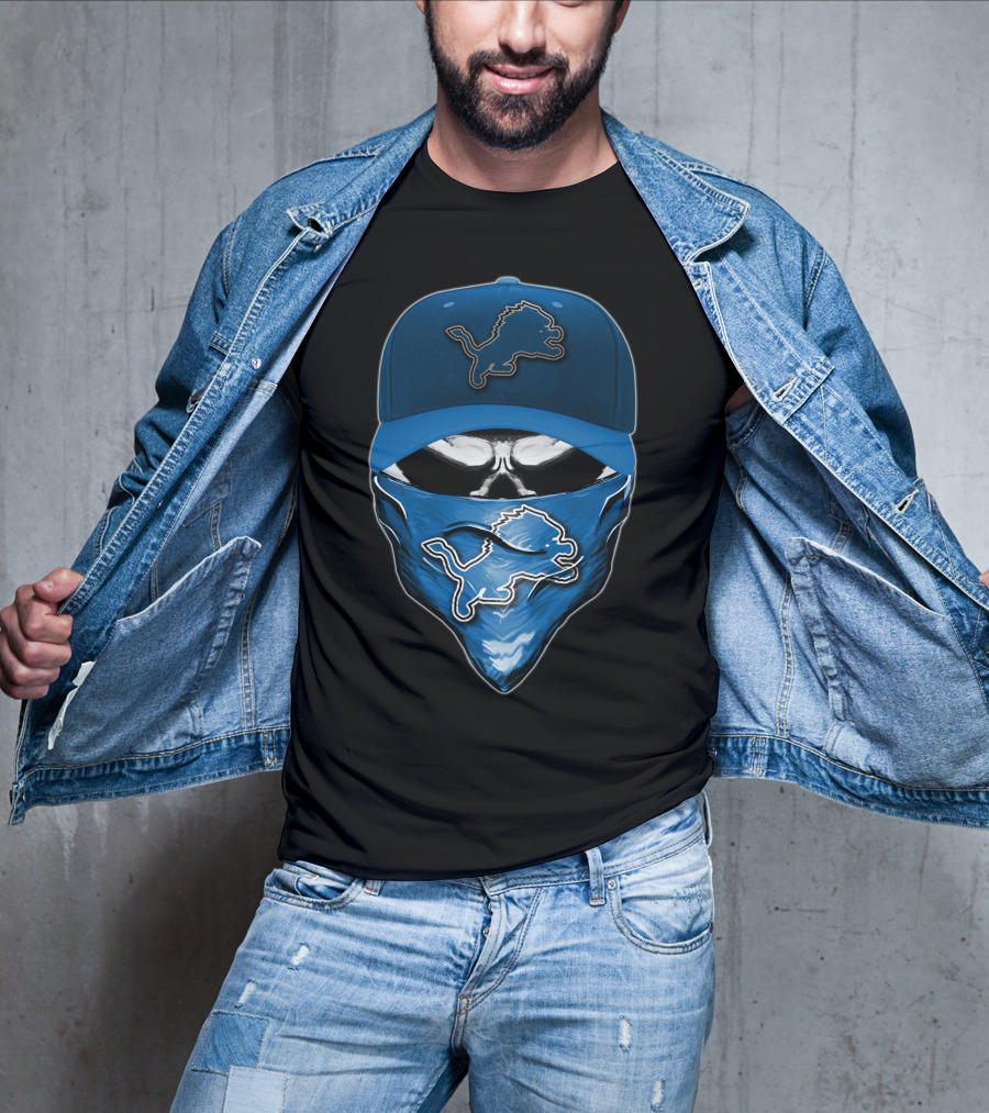 Skull Detroit Lions Hat And Mask T-Shirt