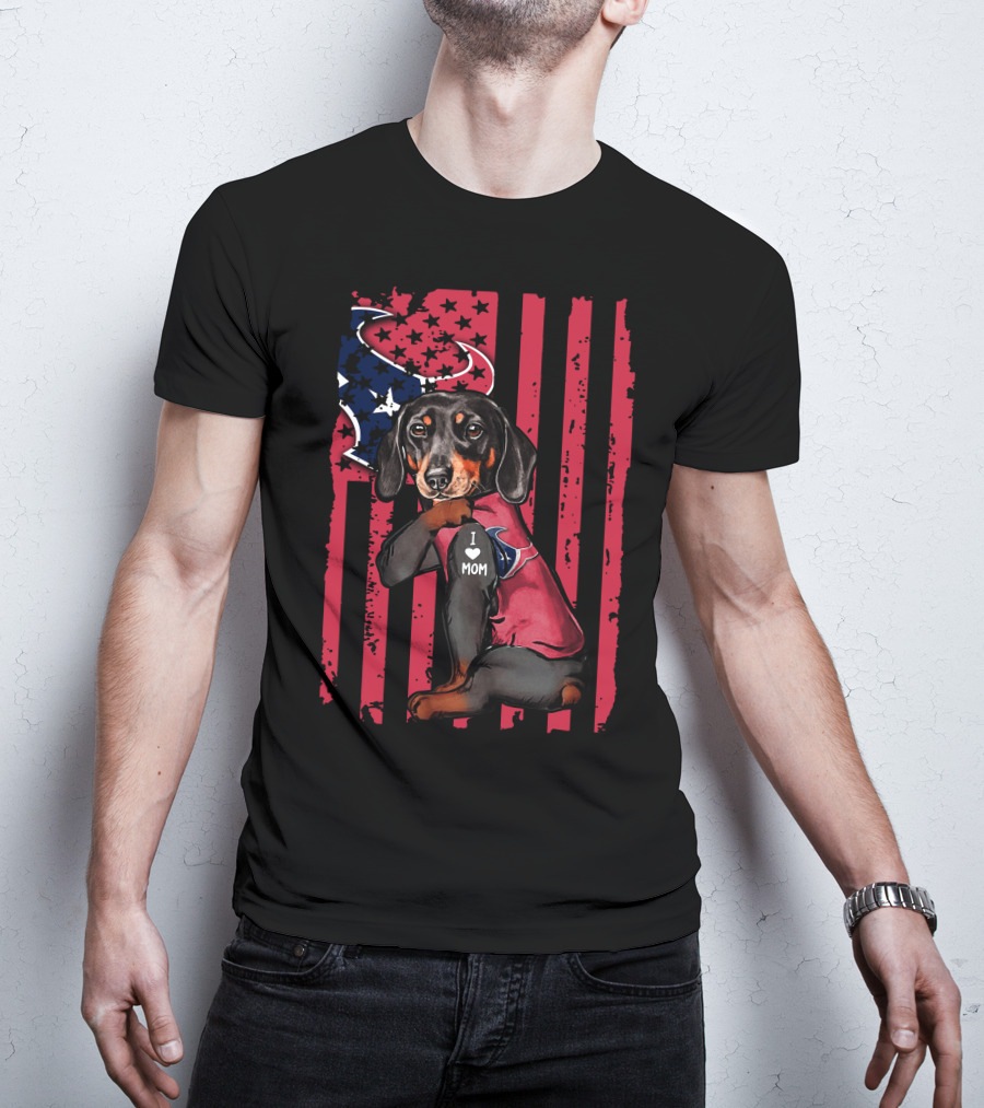 Dachshund I Love Mom Houston Texans Usa Flag Football T-Shirt