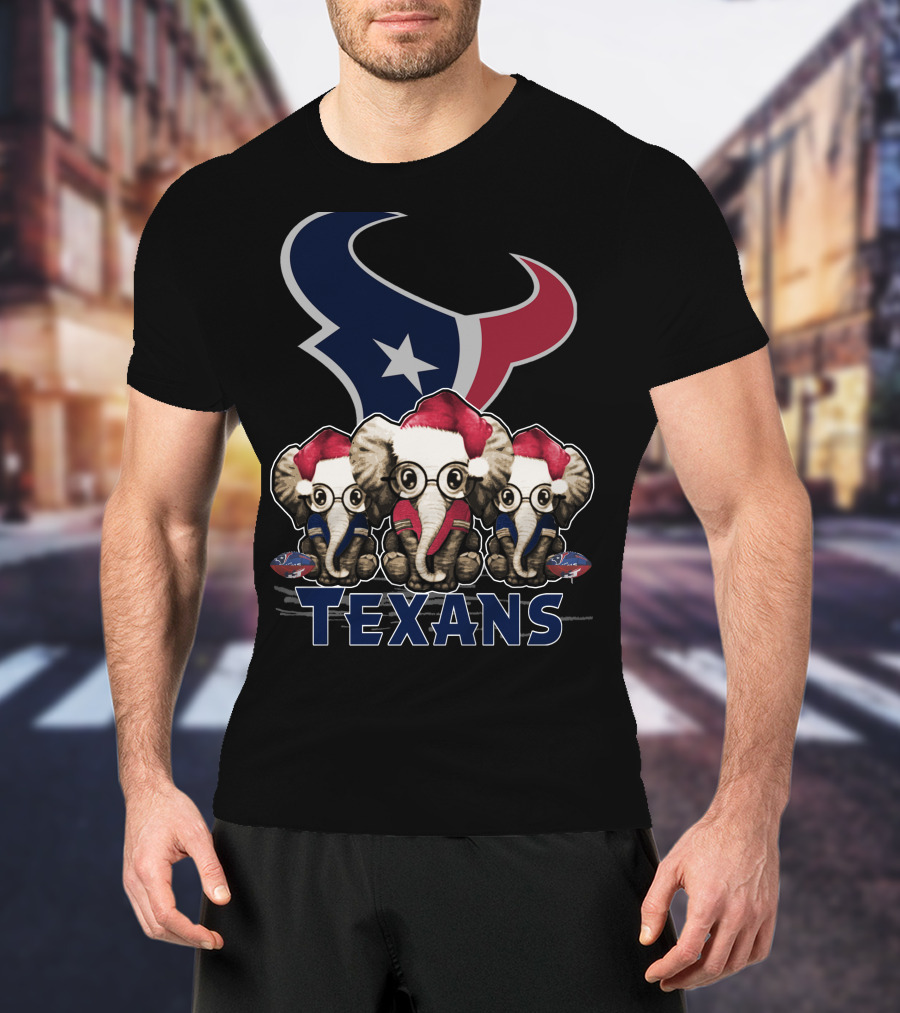 Houston Texans Elephant Xmas With Santa Hats And Glasses T-Shirt