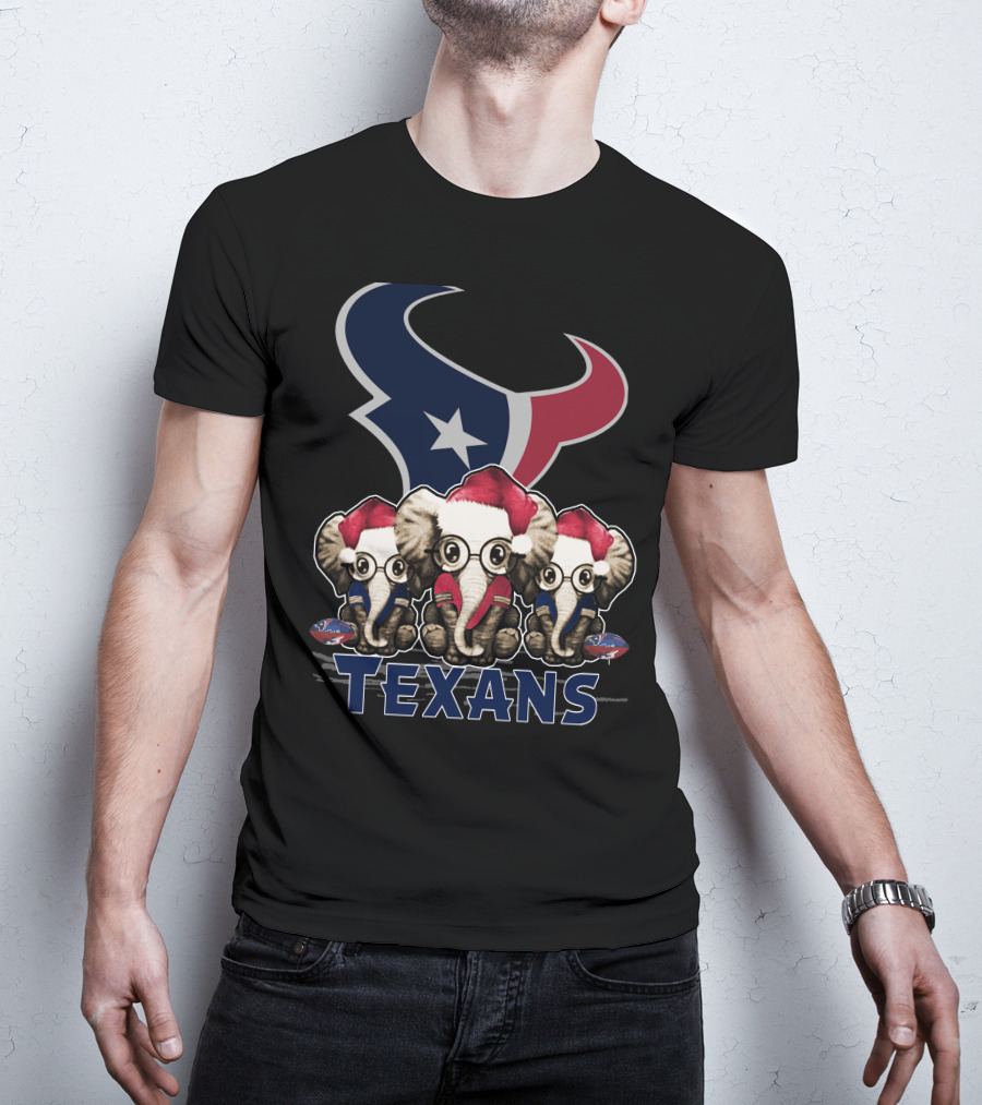 Houston Texans Elephant Xmas With Santa Hats And Glasses T-Shirt