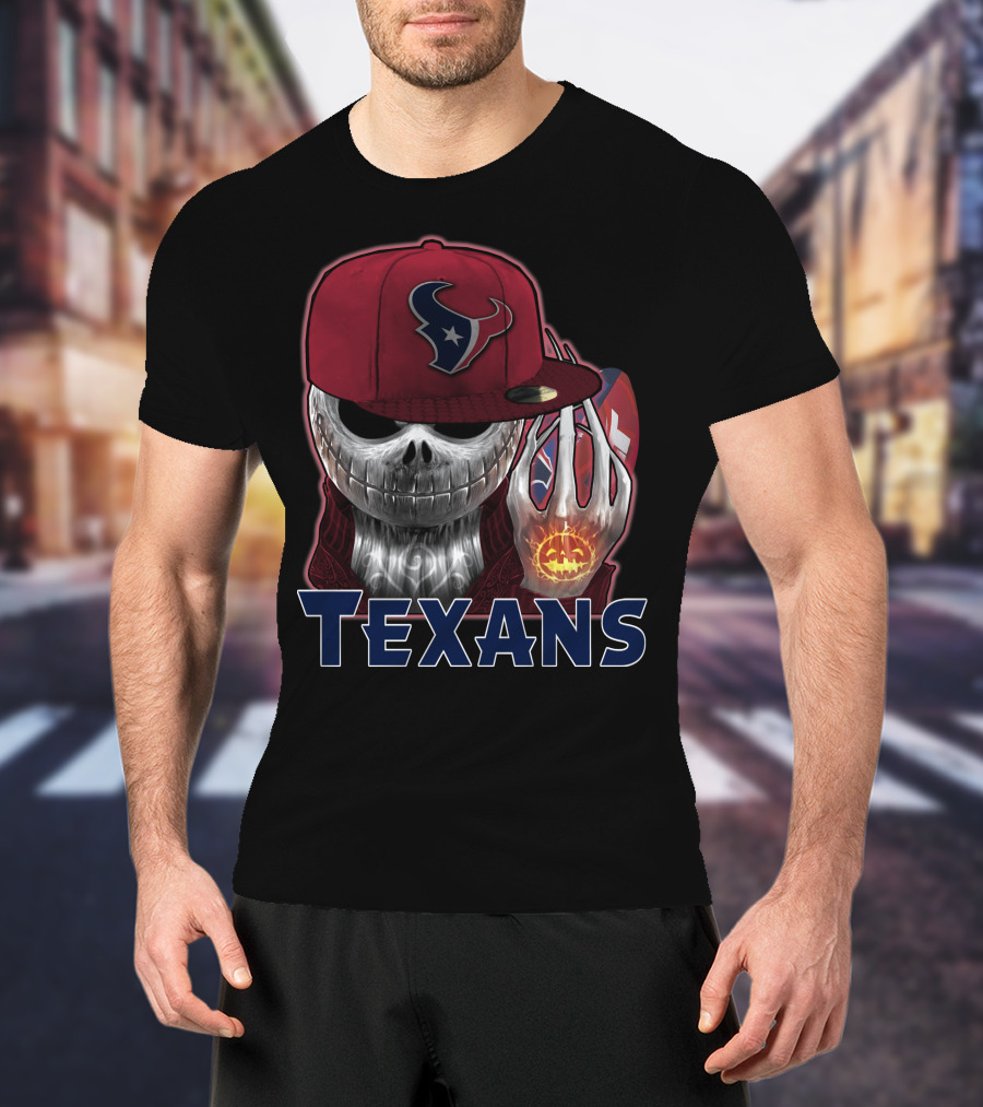 Texans Skull With Houston Cap And Pumpkin Football T-Shirt