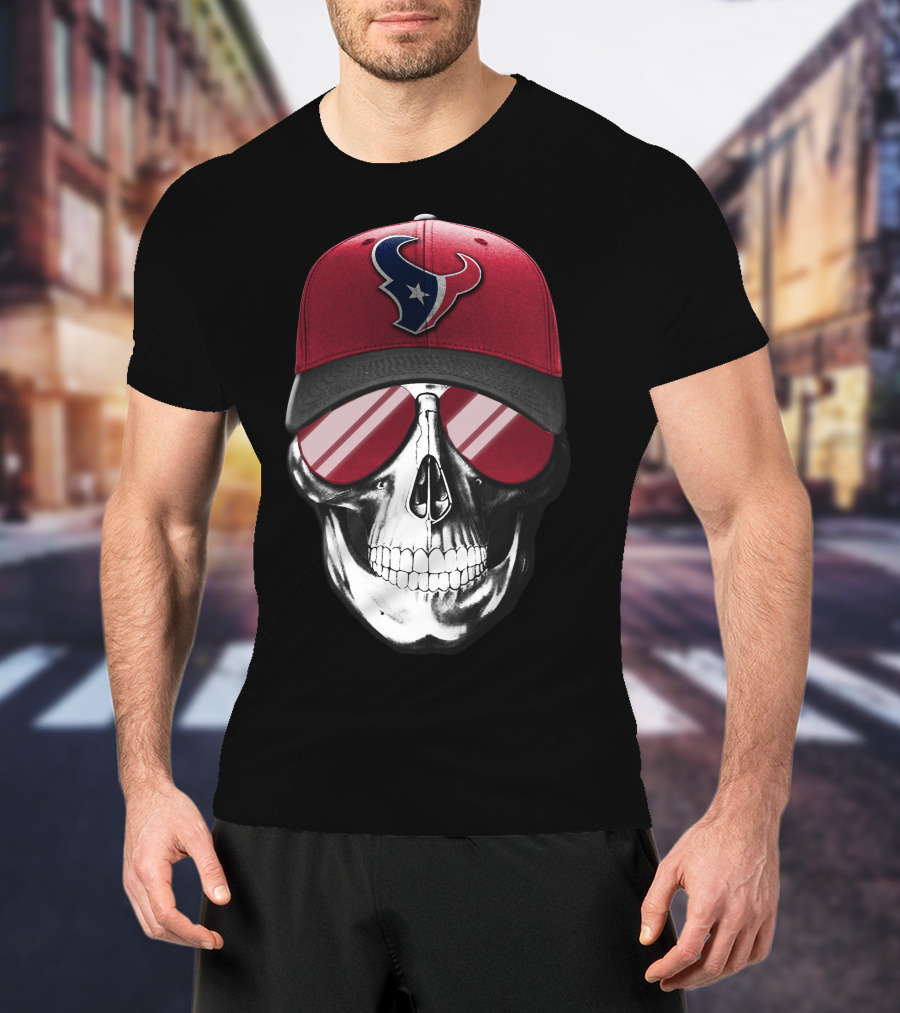 Skull With Red Cap Featuring Houston Texans Logo And Reflective Sunglasses T-Shirt
