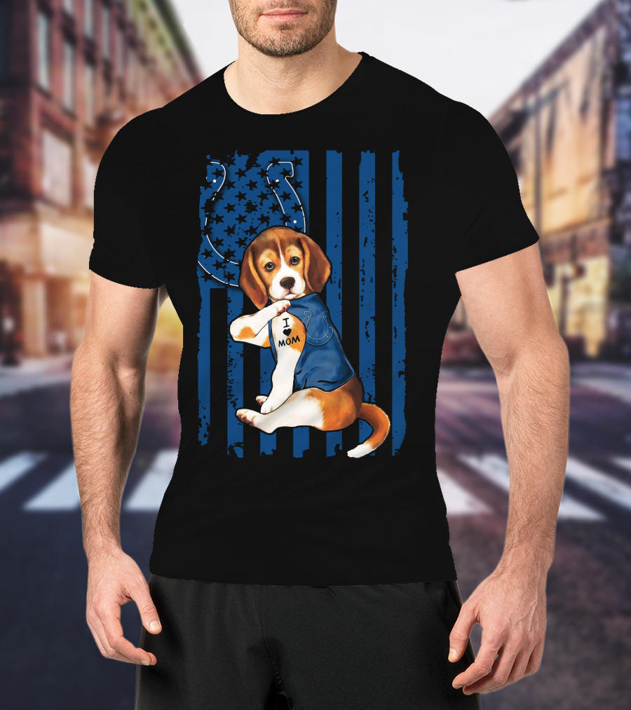 Beagle Puppy In Indianapolis Colts Shirt With I Love Mom Tattoo Flag Background T-Shirt