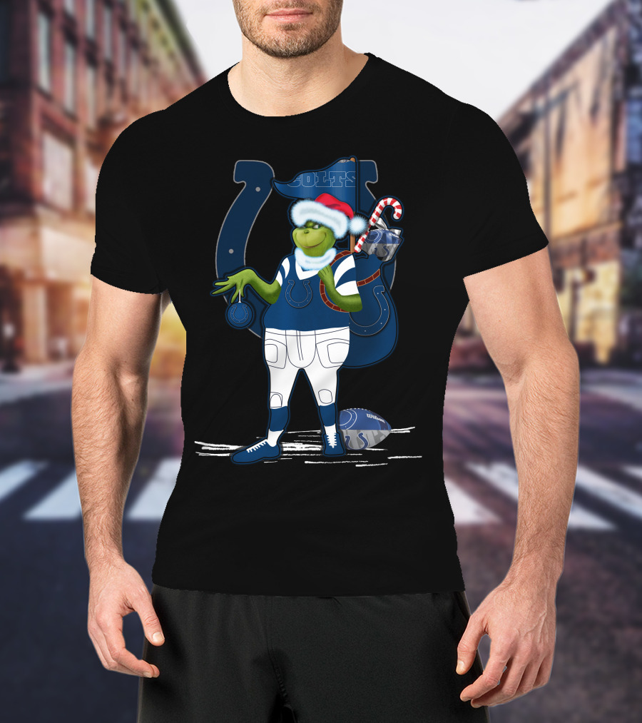 Grinchxmas Indianapolis Colts Santa Hat Candy Cane Football T-Shirt