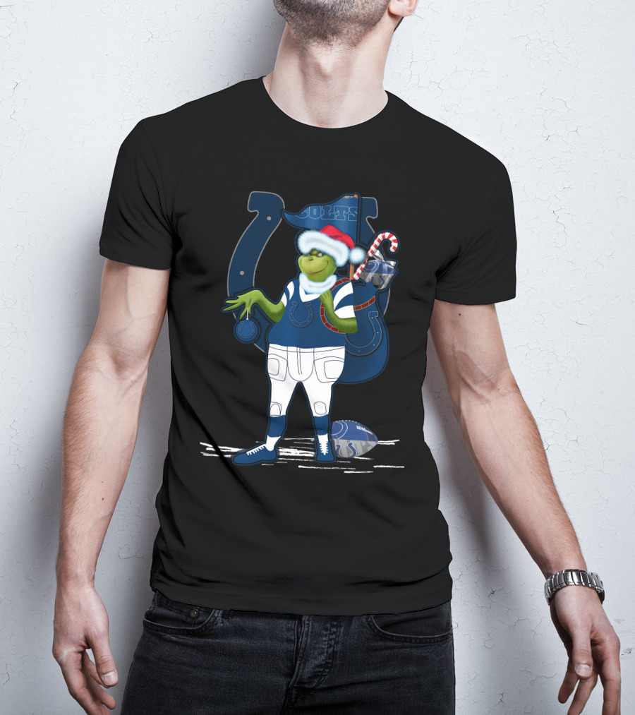 Grinchxmas Indianapolis Colts Santa Hat Candy Cane Football T-Shirt