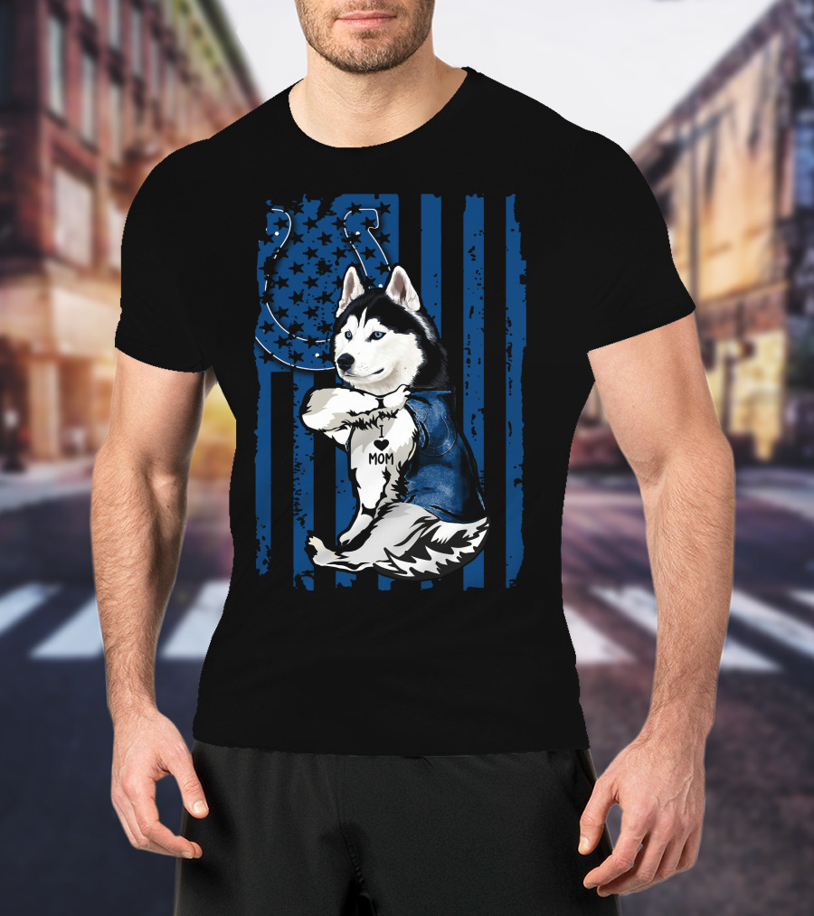 Siberian Husky Mom Colts American Flag T-Shirt