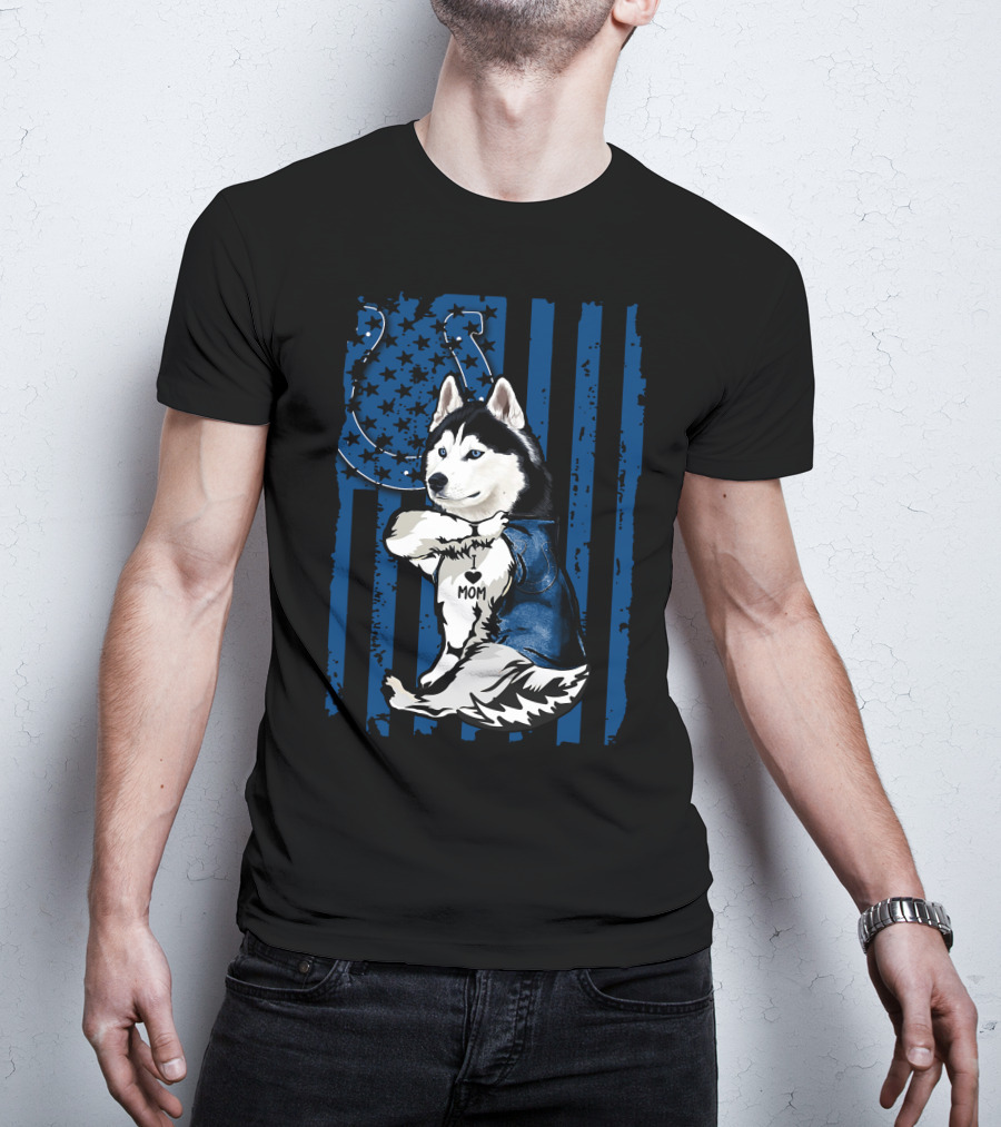 Siberian Husky Mom Colts American Flag T-Shirt