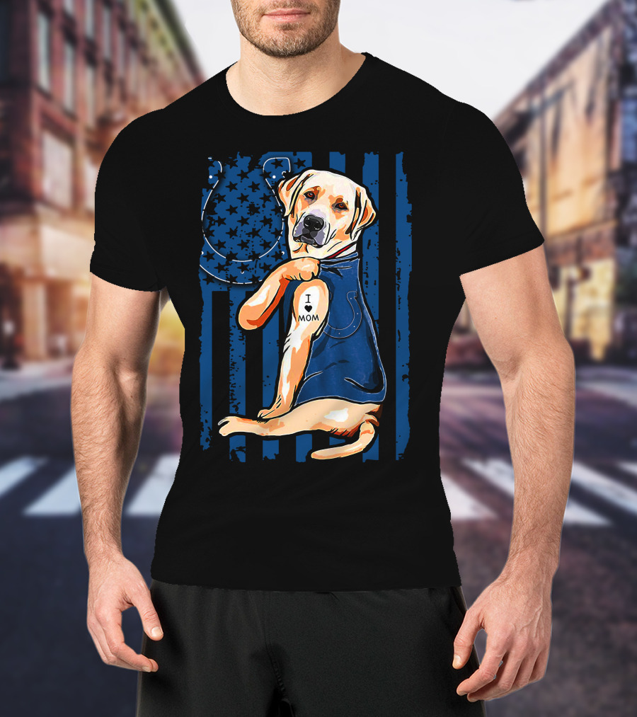 Labrador Retriever With Indianapolis Colts Horseshoe And I Love Mom Tattoo T-Shirt
