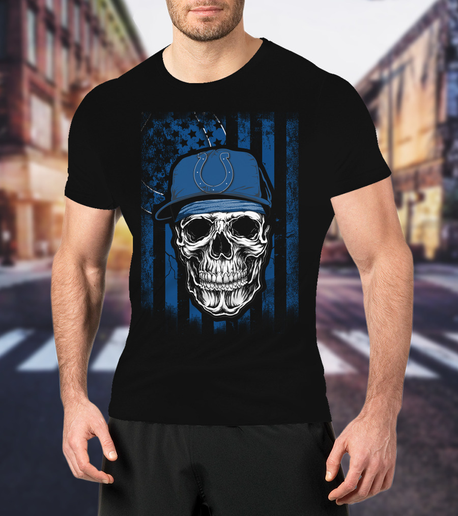 Indianapolis Colts Skull With Blue Flag Background T-Shirt