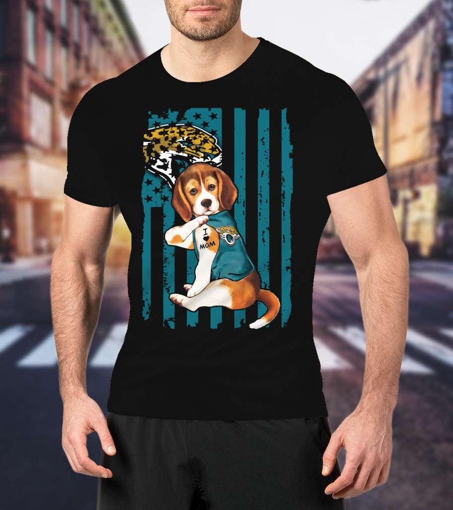 Beagle Wearing Jacksonville Jaguars Jersey With I Love Mom Tattoo And Jaguar T-Shirt