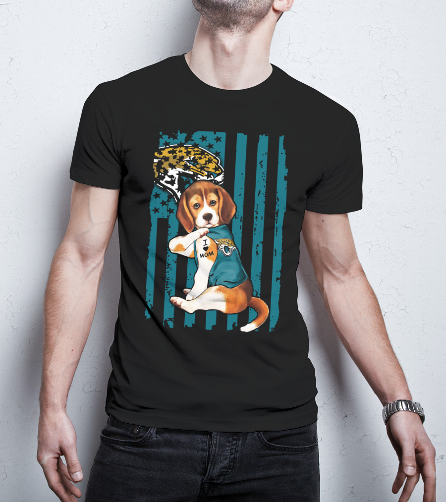 Beagle Wearing Jacksonville Jaguars Jersey With I Love Mom Tattoo And Jaguar T-Shirt
