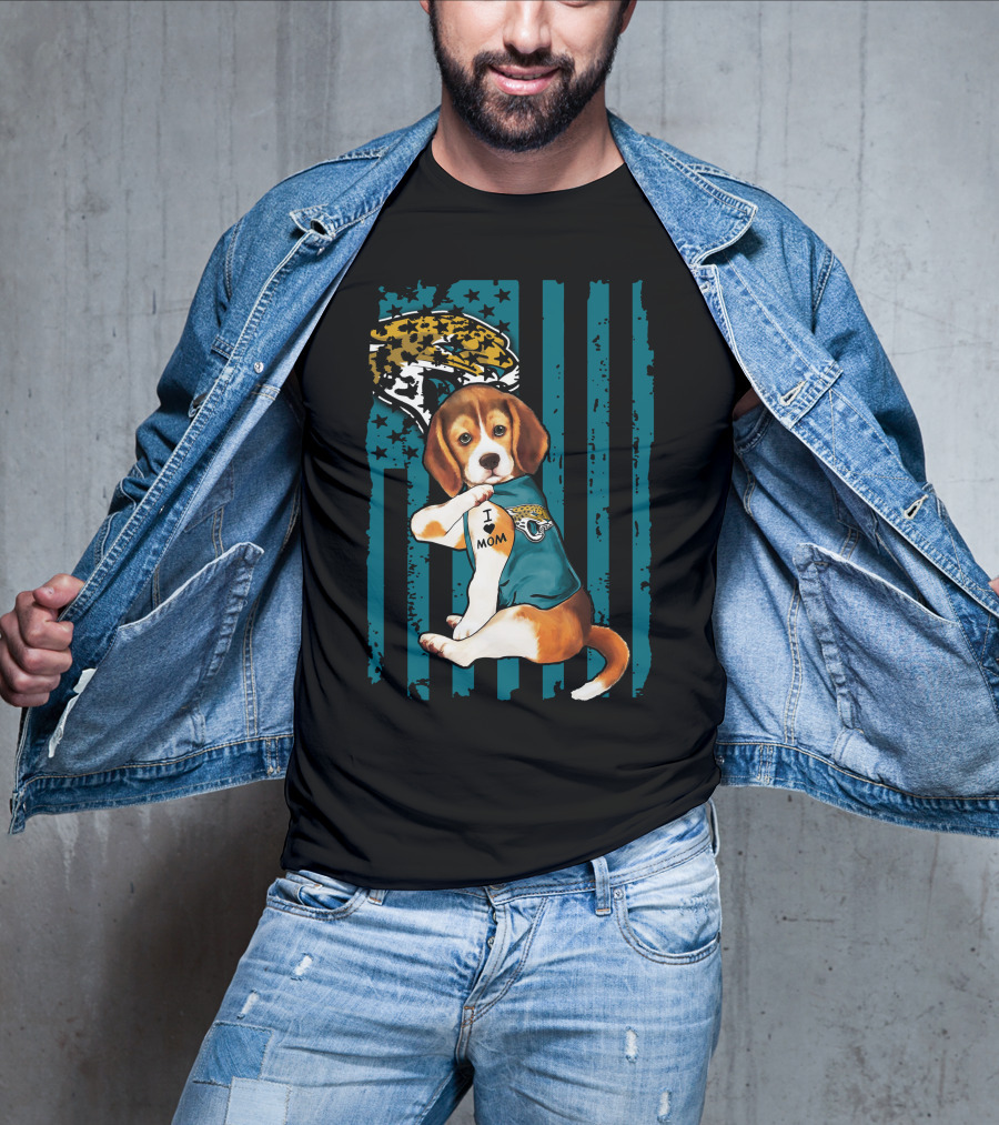 Beagle Wearing Jacksonville Jaguars Jersey With I Love Mom Tattoo And Jaguar T-Shirt