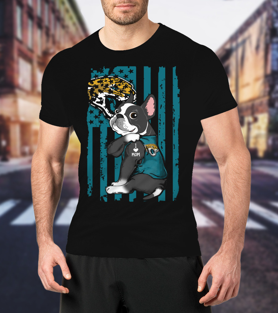 Boston Terrier I Love Mom Jacksonville Jaguars Fan Flag T-Shirt