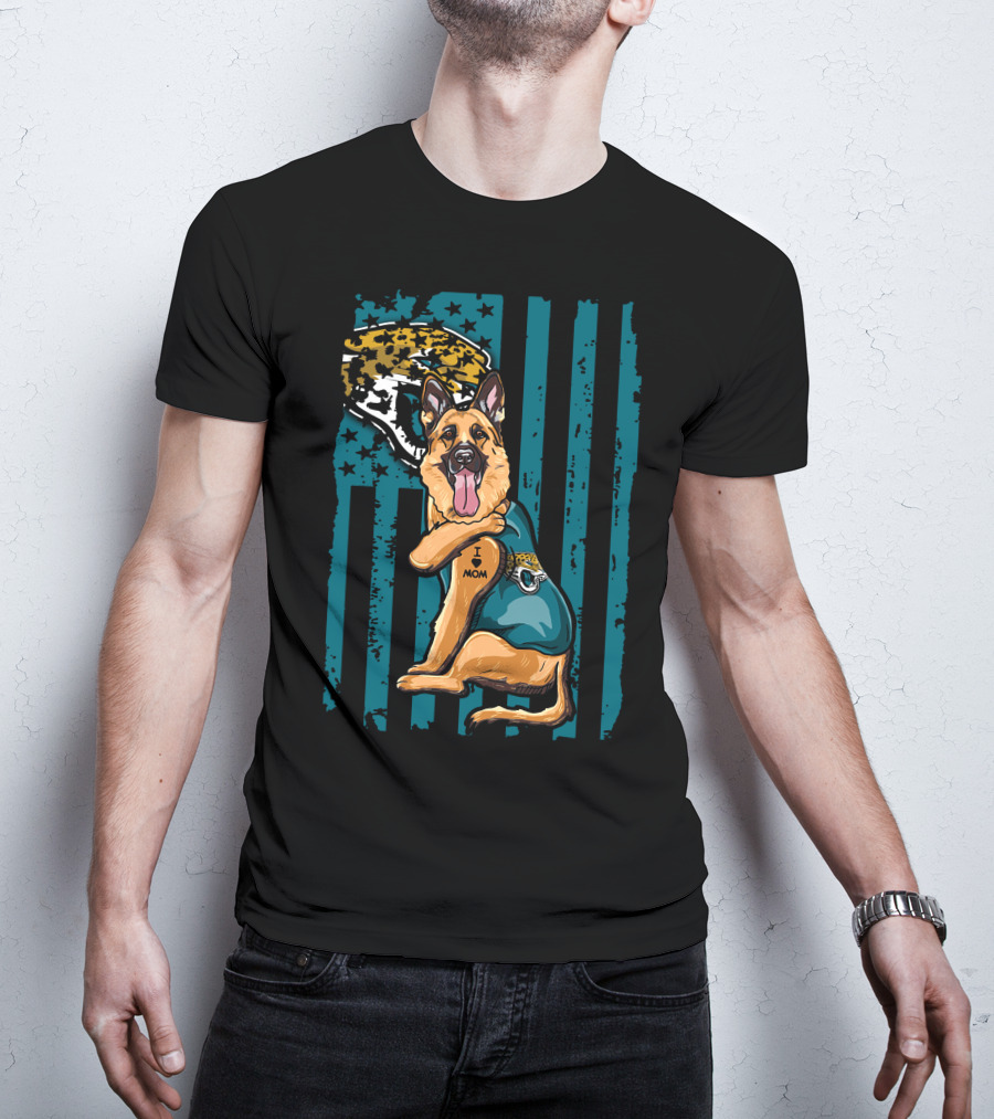 German Shepherd With Jacksonville Jaguars Tattoo And Flag Background T-Shirt