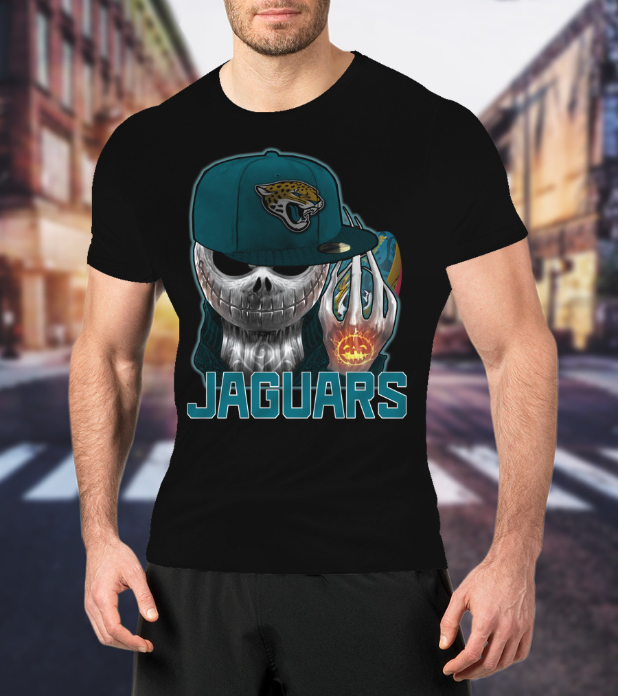 Jackskull Jaguars Halloween Skull Holding Pumpkin With Jaguars Logo Hat T-Shirt