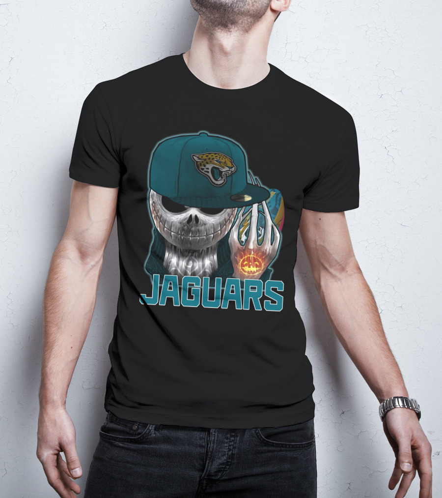 Jackskull Jaguars Halloween Skull Holding Pumpkin With Jaguars Logo Hat T-Shirt