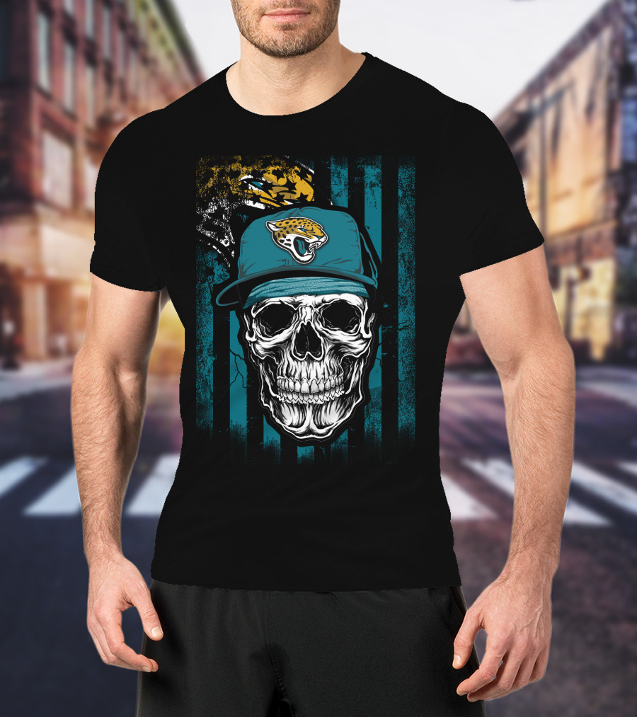 Skull In Jacksonville Jaguars Cap With Teal Stripes T-Shirt