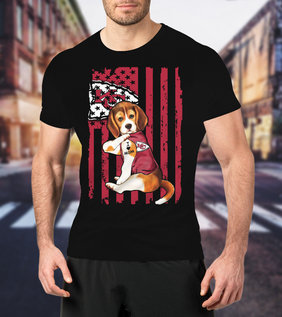 Beagle I Love Mom Kansas City Chiefs USA Flag T-Shirt