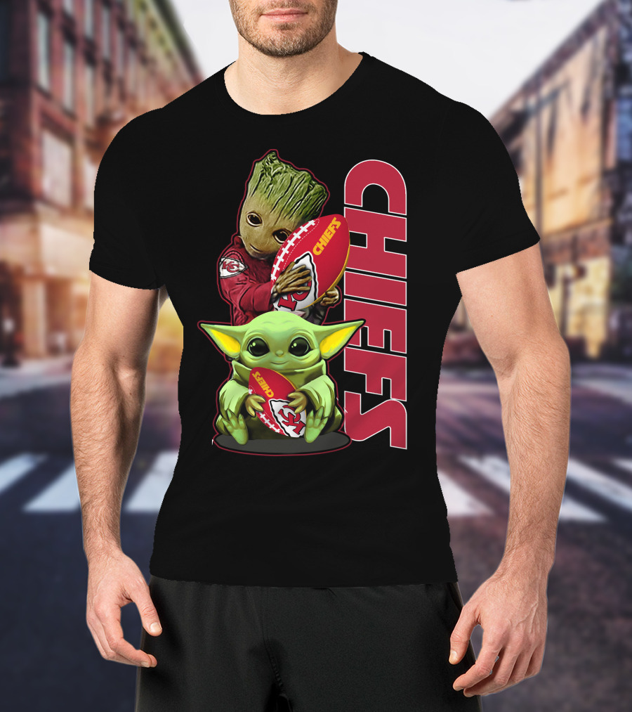 Grzd Chiefs Kansas City Groot And Baby Yoda Football T-Shirt
