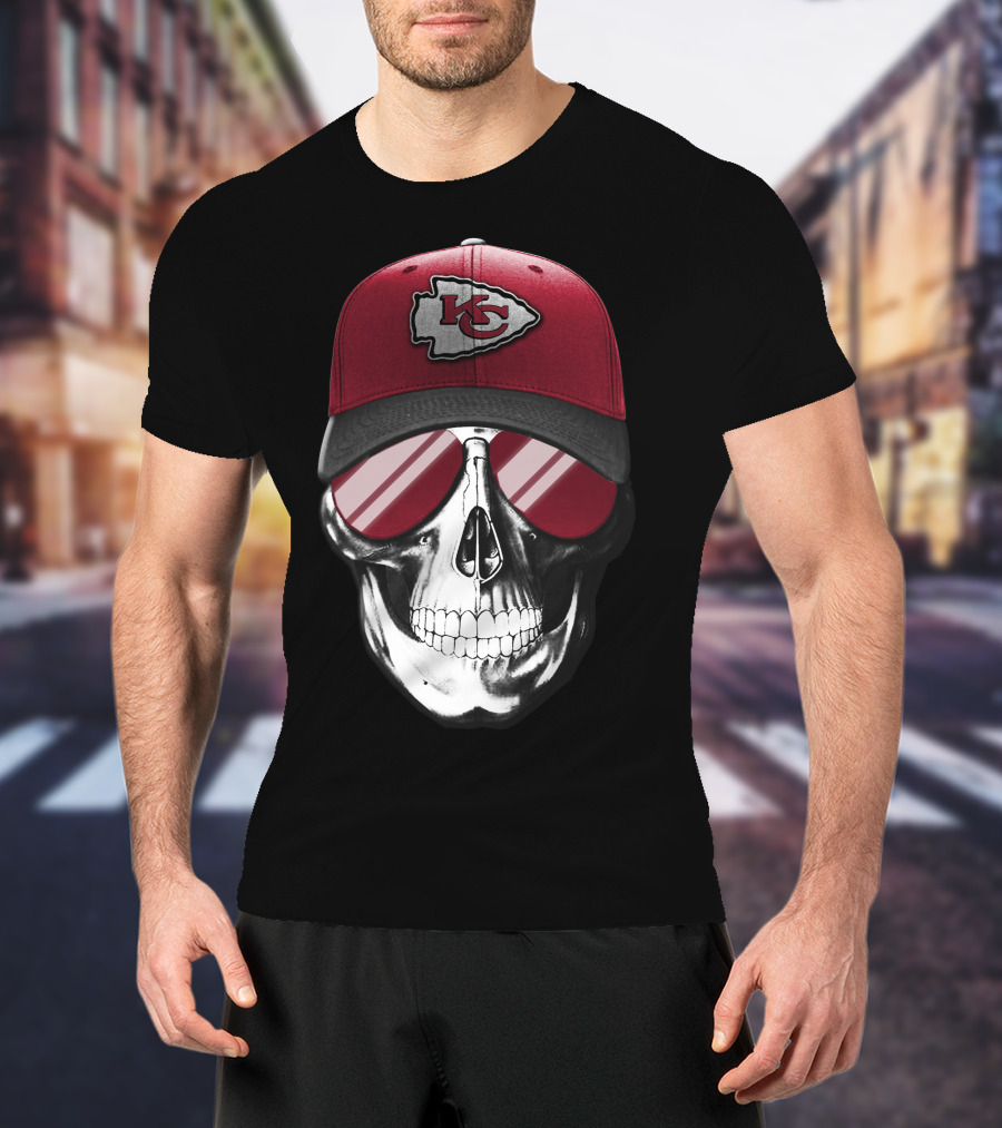 Skull With Kansas City Chiefs Hat And Sunglasses T-Shirt