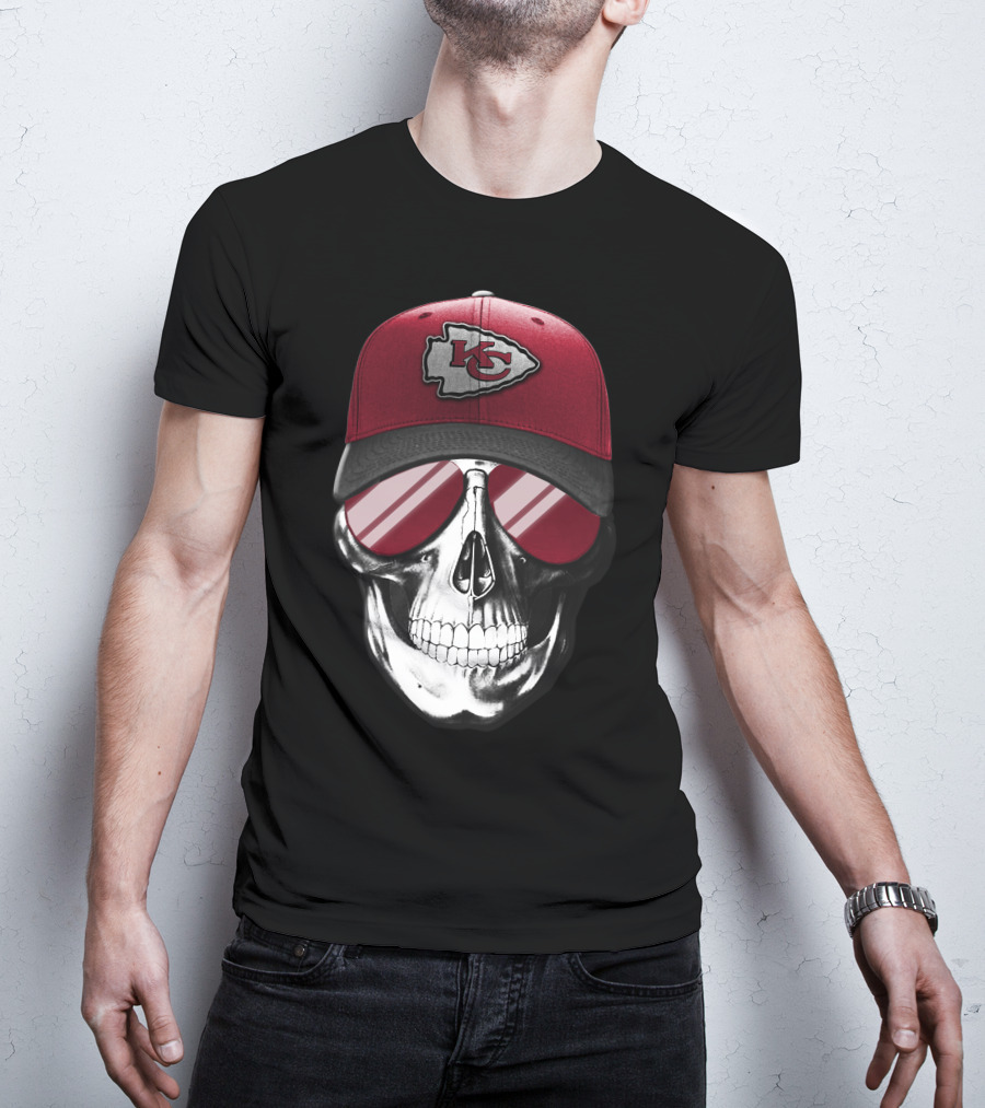 Skull With Kansas City Chiefs Hat And Sunglasses T-Shirt