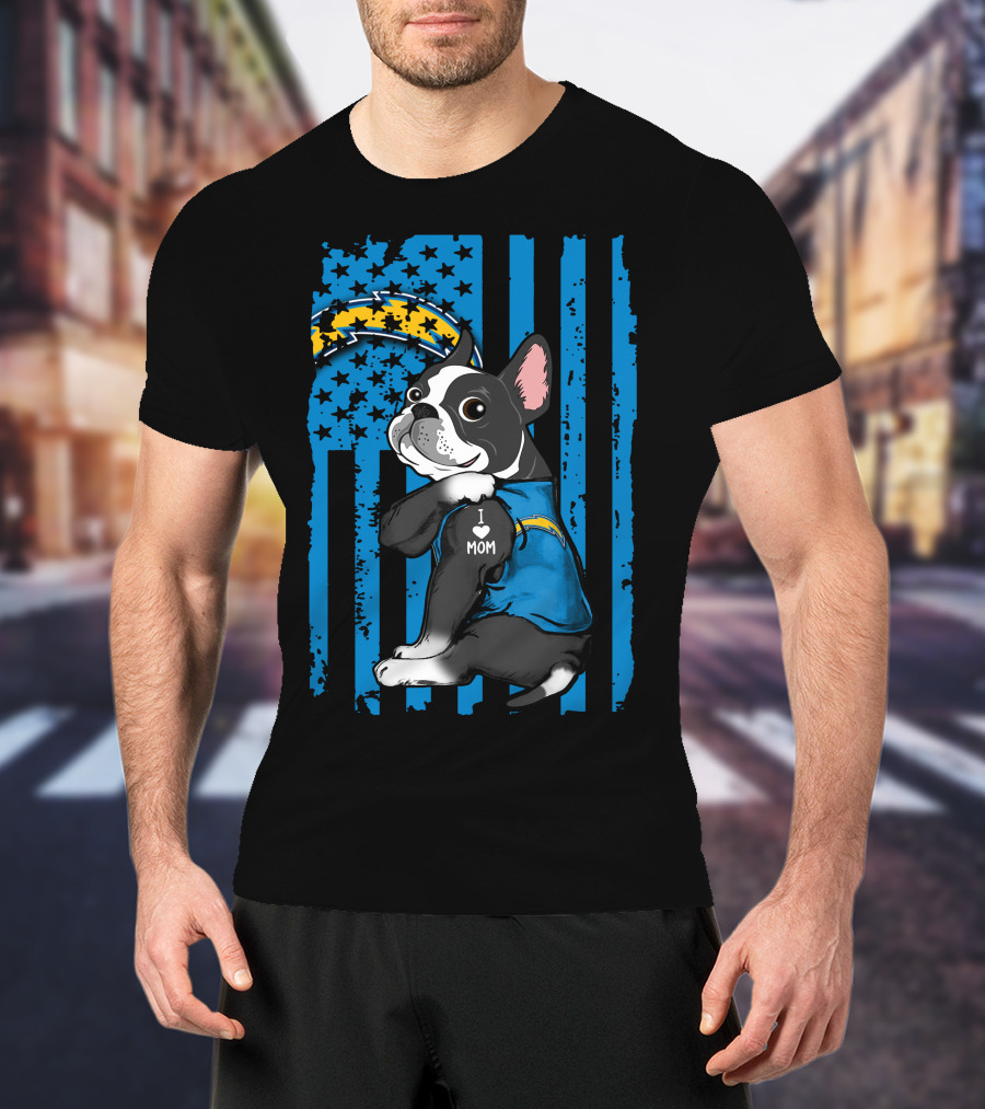 Boston Terrier I Love Mom Los Angeles Chargers Fan T-Shirt