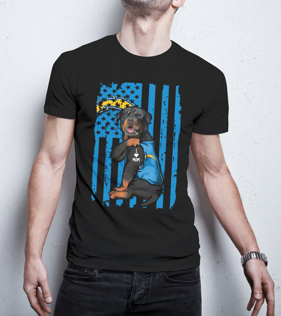 Rottweiler I Love Mom Los Angeles Chargers Blue Flag T-Shirt